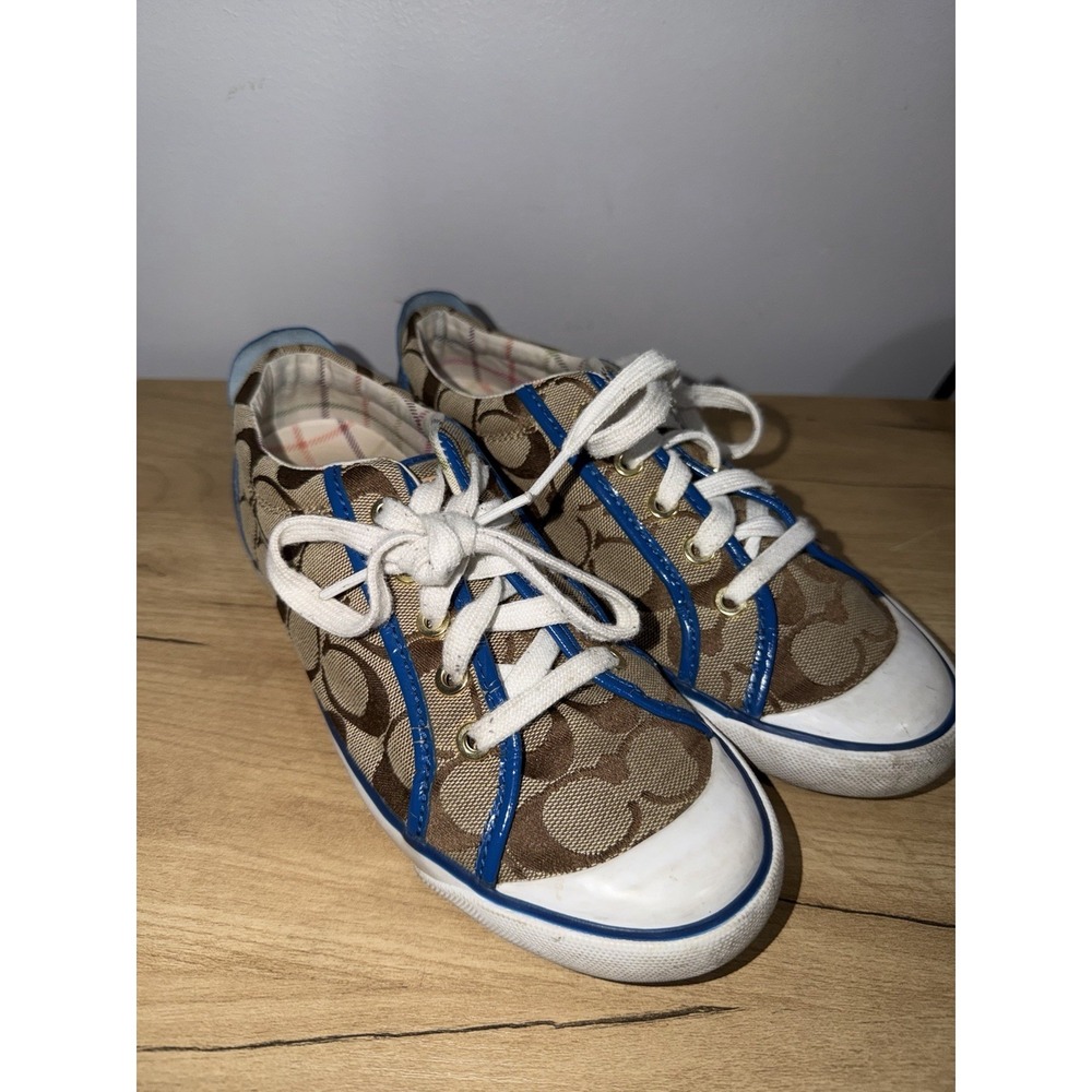 COACH Barrett Signature Canvas Sneakers Women's Size 7.5 Brown Khaki Blue L
